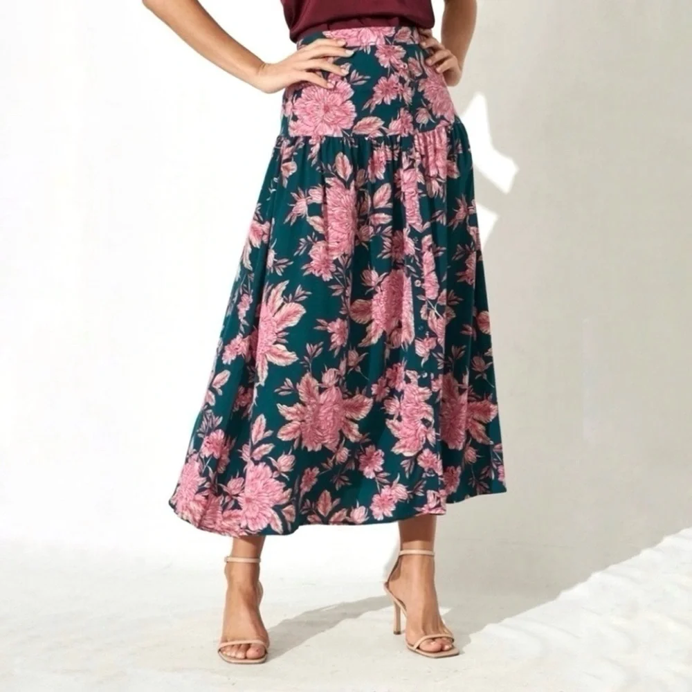 Abel The Label Bonnie Floral Boho Yoke Maxi Skirt Teal Pink Large